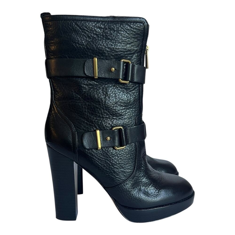 Coach Lianne Black Leather Platform Heeled Fur Lined Boots Size 8.5B